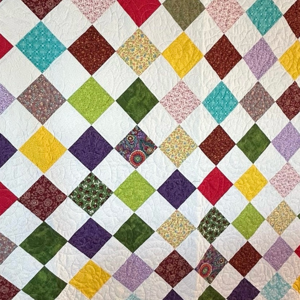 Handmade Multicolor Checkerboard Quilt - Red Border - Picture 2 of 4